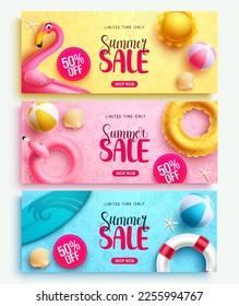 Summer sale vector banner set. Summer sale text with 50% off limited promo offer for flyers, brochure and ads. Vector illustration summer banner advertisement.
