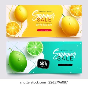 Summer sale vector banner set. Summer sale text with special and limited offer up to 50% off promo discount. Vector illustration summer holiday background collection.
