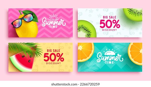 Diseño de conjunto de banners vectoriales de venta de verano. Distribución de etiquetas de descuento de texto de venta de verano. Volantes de ilustraciones vectoriales y fondo de anuncios de promoción de folletos. 