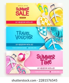 Summer sale vector banner set. Summer sale, time and travel voucher for summer business collection. Vector illustration summer banner ads.
