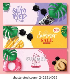 Summer sale vector banner set design. Summer time sale text with 50% special offer discount price for holiday season shopping promotion in abstract background. Vector illustration summer sale banner 