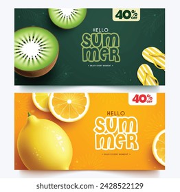 Summer sale vector banner set design. Hello summer greeting text with tropical fruit kiwi and lemon for seasonal shopping promotion design. Vector illustration summer sale banner collection. 
