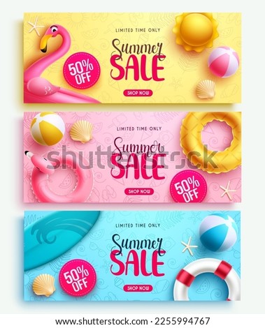 Summer sale vector banner set. Summer sale text with 50% off limited promo offer for flyers, brochure and ads. Vector illustration summer banner advertisement.
