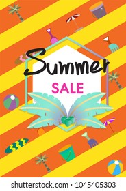 Summer Sale vector banner template with summer accessories illustration.