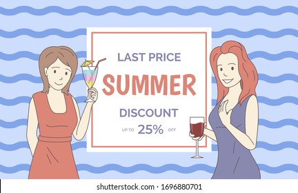 Summer sale vector banner template. Young smiling women holding glasses with red wine and cocktail hands vector cartoon outline illustration. Special offer, discount flyer design concept.