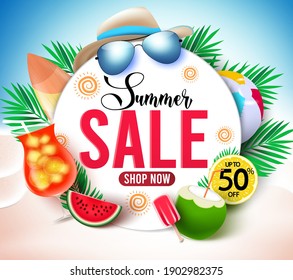 Summer sale vector banner template. Summer sale text with 50% off and elements like beach sand, juice and fruits for tropical season discount promo. Vector illustration