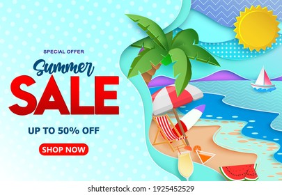 Summer sale vector banner template. Summer sale up to 50% off text with paper cut beach background and tropical season elements for seasonal shopping discount advertisement. Vector illustration