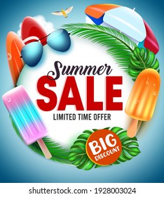 Summer sale vector banner template. Summer sale text in circle badge element  with tropical season elements like sunglasses and popsicle for limited big discount offer promotion. Vector illustration