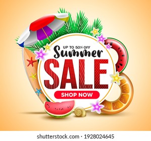 Summer sale vector banner template. Summer sale shop now text with elements like umbrella, fruits floater and palm leaves for tropical beach advertisement discount promo. Vector illustration