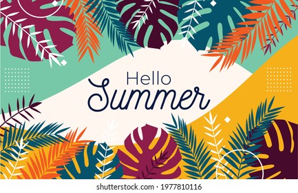 Summer sale vector banner template. Summer sale shop now text with nature elements.