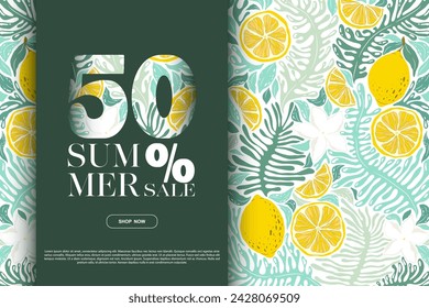 Summer sale vector banner template with abstract plants, exotic flowers and lemons pattern isolated on white background. Illustration for advertising, flyer, card, poster, website