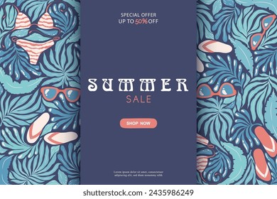 Plantilla de banner vectorial de venta de verano con plantas tropicales abstractas y patrón de atributos de playa aislado sobre fondo azul. Ilustración para publicidad, promoción, flyer, invitación, tarjeta, póster