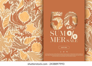 Summer sale vector banner template with abstract ocean plants, sea stars, corals, seashells isolated on light background. Design for advertising, promotion, flyer, invitation, card, poster