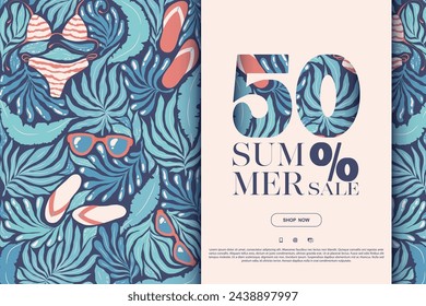 Plantilla de banner vectorial de venta de verano con plantas tropicales abstractas y patrón de atributos de playa aislado sobre fondo azul. Ilustración para publicidad, flyer, invitación, tarjeta, cartel, promoción