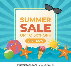 Summer sale vector banner template with beach elements for summer seasonal discount promotion. Vector illustration.