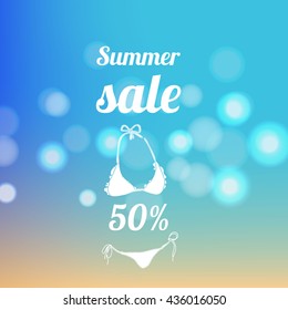 Summer sale vector banner template with text and percentage on bokeh blurred background with beach and sea and swimming suit