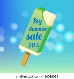 Summer sale vector banner template with text and percentage on bokeh blurred background with ice cream