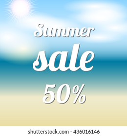 Summer sale vector banner template with text and percentage on bokeh blurred background with beach and sea