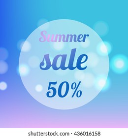 Summer sale vector banner template with text and percentage on bokeh blurred background with beach and sea 