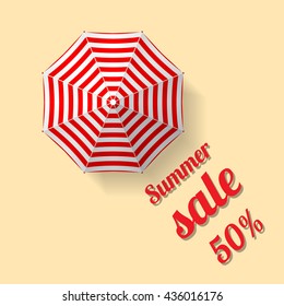 Summer sale vector banner template with text and percentage on background with beach and umbrella