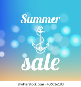 Summer sale vector banner template with text and percentage on bokeh blurred background with beach and sea 