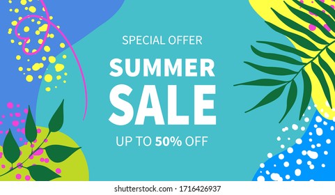 Summer sale vector banner templates for social media stories. Vector summer abstract geometric background with palm leaves. Tropical backdrop. Promo badge price tag for seasonal design. Vector design