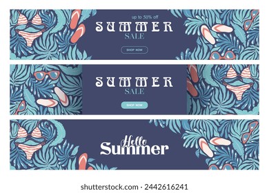 Vector de venta de verano plantillas de banner conjunto con plantas tropicales abstractas y patrón de atributos de playa aislado sobre fondo blanco. Ilustración para publicidad, flyer, tarjeta, póster, sitio web