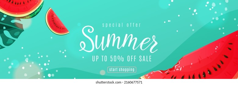 Summer sale vector banner with watermelon slices, palm monstera leaves, design elements. Tropical fun background for party invitation template