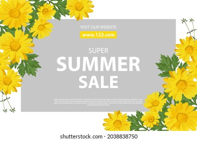 Summer sale. Vector banner with yellow flowers on white background. 