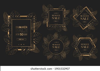 Summer sale vector banners collection with exotic tropical gold monstera and palm leaves on black background. Design for advertising, flyer, promotion, invitation,card, website, poster