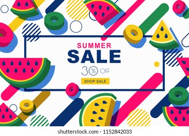 Summer sale vector banners set with flat 3d style watermelon slices and motion geometric shapes. Tropical fruits geometric background. Layout for discount labels, flyers and shopping.