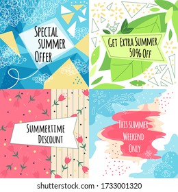 Summer sale vector banners set with leaves and flowers, modern memphis style. Summer sale banner collection: special offer, get extra, this weekend only, summertime discount, big sale. Design concept