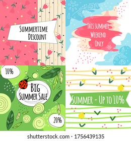 Summer sale vector banners set with leaves and flowers, modern memphis style. Summer sale banner collection: special offer, get extra, this weekend only, summertime discount, big sale. Design concept
