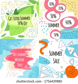 Banderas vectoriales de venta de verano con hojas y flores, estilo moderno memphis. Colección de pancartas de venta de verano: oferta especial, obtener extra, este fin de semana solamente, descuento en verano, gran venta. Concepto de diseño