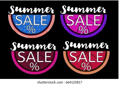Summer sale vector banners set. Orange, watermelon, lemon in crazy colors, and lime with the Summer Sale lettering. Seasonal discount posters, stickers or tags. Special offer, promo or advertisement.