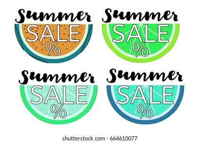 Summer sale vector banners set. Orange, watermelon, lemon in crazy colors, and lime with the Summer Sale lettering. Seasonal discount posters, stickers or tags. Special offer, promo or advertisement.