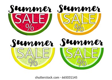 Summer sale vector banners set. Orange, watermelon, lemon, and lime with the Summer Sale lettering. Seasonal discount posters, stickers or tags. Special offer, promo or advertising design elements.