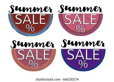 Summer sale vector banners set. Orange, watermelon, lemon in crazy colors, and lime with the Summer Sale lettering. Seasonal discount posters, stickers or tags. Special offer, promo or advertisement.
