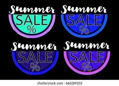 Summer sale vector banners set. Orange, watermelon, lemon in crazy colors, and lime with the Summer Sale lettering. Seasonal discount posters, stickers or tags. Special offer, promo or advertisement.