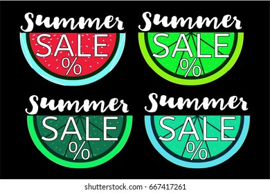 Summer sale vector banners set. Orange, watermelon, lemon in crazy colors, and lime with the Summer Sale lettering. Seasonal discount posters, stickers or tags. Special offer, promo or advertisement.