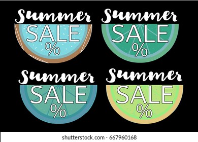 Summer sale vector banners set. Orange, watermelon, lemon in crazy colors, and lime with the Summer Sale lettering. Seasonal discount posters, stickers or tags. Special offer, promo or advertisement.