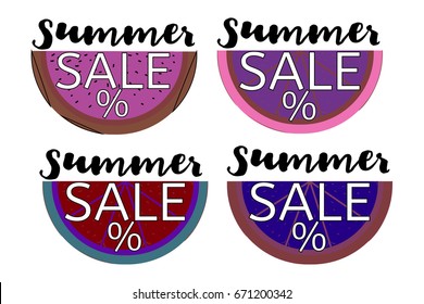 Summer sale vector banners set. Orange, watermelon, lemon in crazy colors, and lime with the Summer Sale lettering. Seasonal discount posters, stickers or tags. Special offer, promo or advertisement.