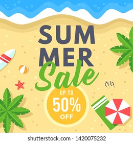 Summer Sale Vector With Beach Background From Top View, Surfboard, Starfish, Sandals, Volley Ball, Umbrella, Mat And Palm Tree