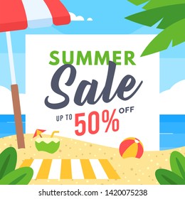 Summer Sale Vector with Beach Background, Surfboard, Ball, Coconut Drink, Umbrella, Mat and Palm Tree