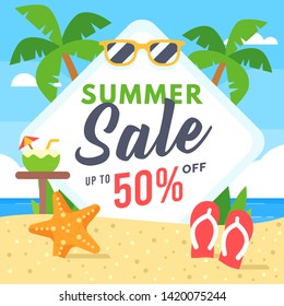 Summer Sale Vector with Beach Background, Sunglasses, Sandals, Coconut Drink, Starfish and Palm Tree