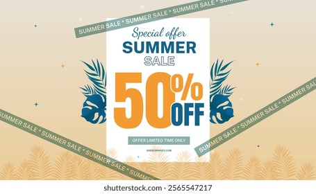 Summer Sale Vector is a beautiful realistic illustration. Summer sale horizontal promotional web banner, flyer, poster, greeting card with Green Leaves up to 50% off.