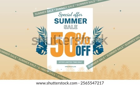 Summer Sale Vector is a beautiful realistic illustration. Summer sale horizontal promotional web banner, flyer, poster, greeting card with Green Leaves up to 50% off.