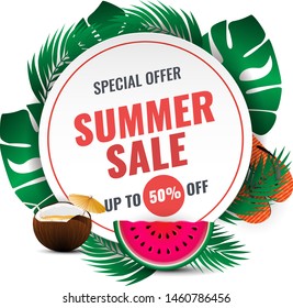 Summer sale vector with colorful summer elements. Banner isolated on the white background. Vector illustration.