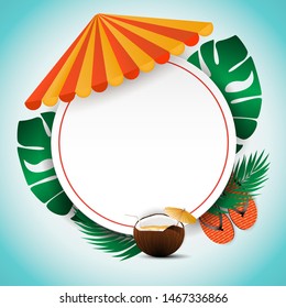 Summer sale vector with colorful summer elements on the blue background. Banner with empty space for your text. Vector illustration template