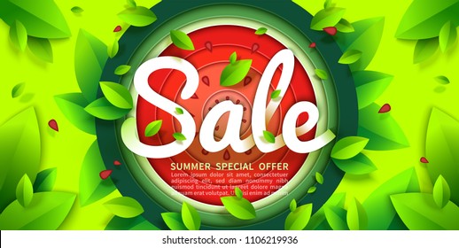 Summer sale vector colorful horizontal banner with abstract watermelon fruit and flying green leaves. Special offer, template for discount advertisements, promotion poster